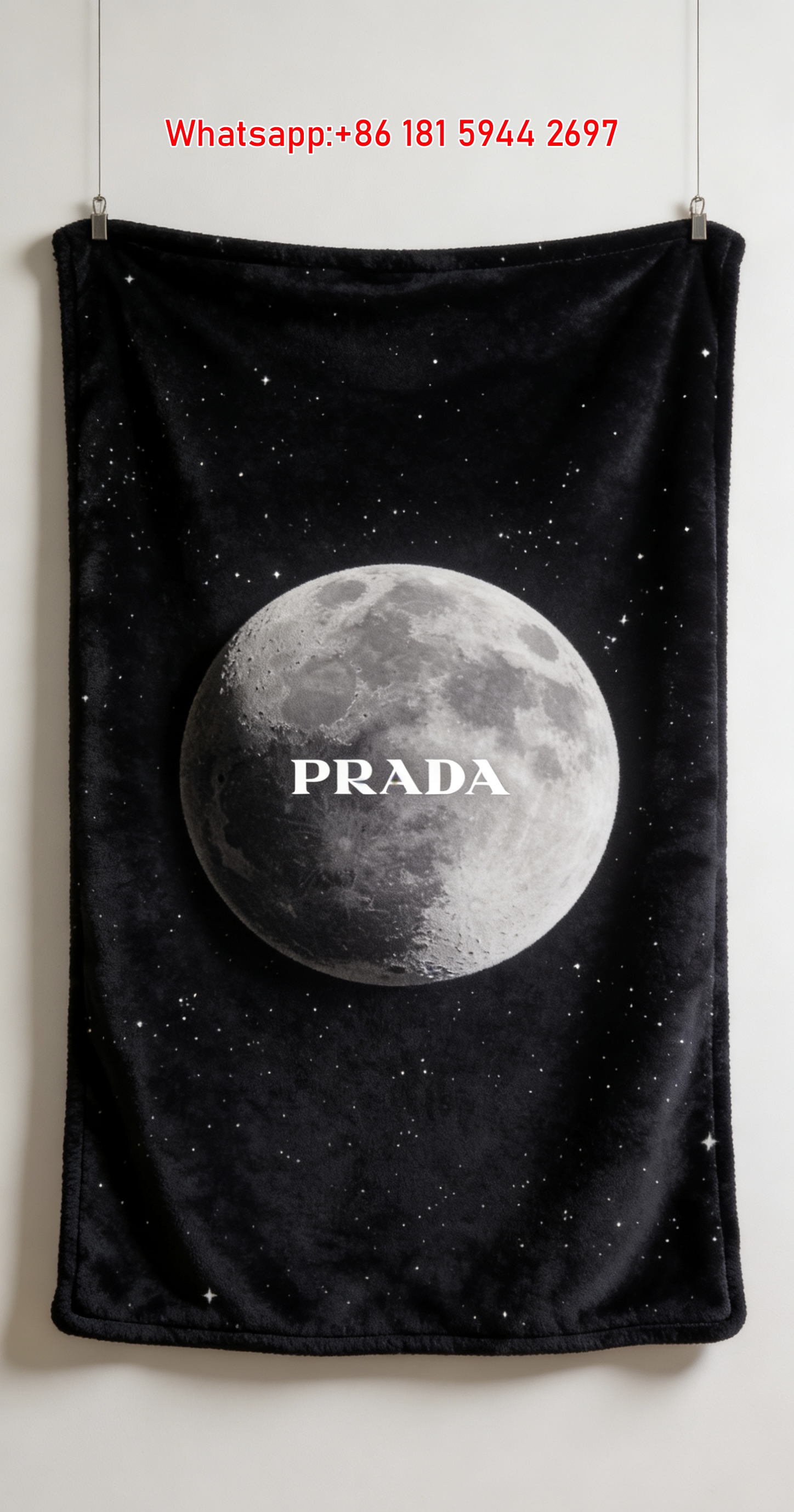 Prada Black Night Sky Moon Printed Flannel Throw Blanket IMG_2766